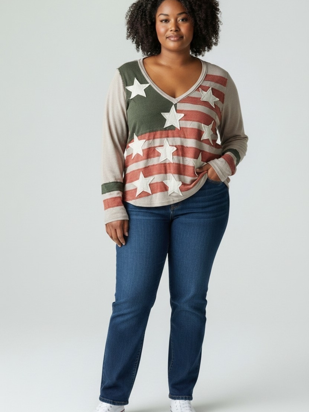 POL V-Neck Star & Stripe Sweatshirt in Olive, Rust & Cream